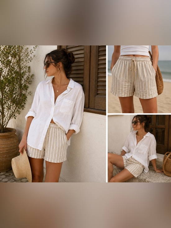 H&M Pants - H&M Beige and White Striped Linen-Blend Shorts Size M Beach Summer Vacation